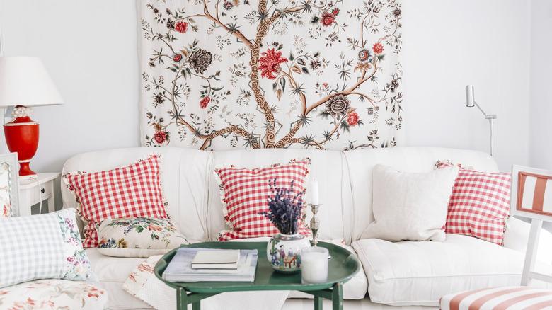 living room that blends modern and vintage patterns including gingham and florals