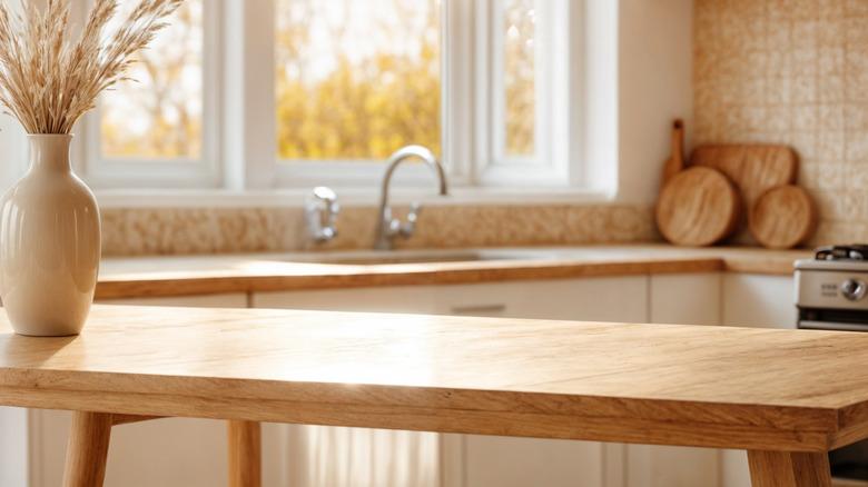 wooden table in kitchen with white cabinets, tile backsplash and windows over sink