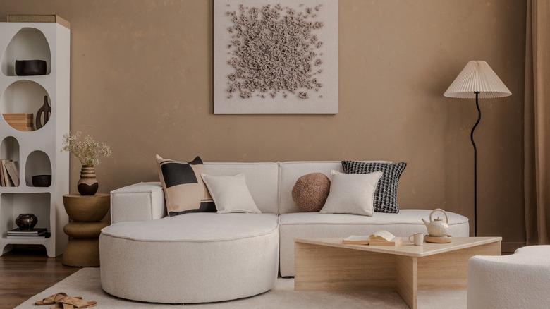 Eclectic living room with mix of rounded and straight furniture