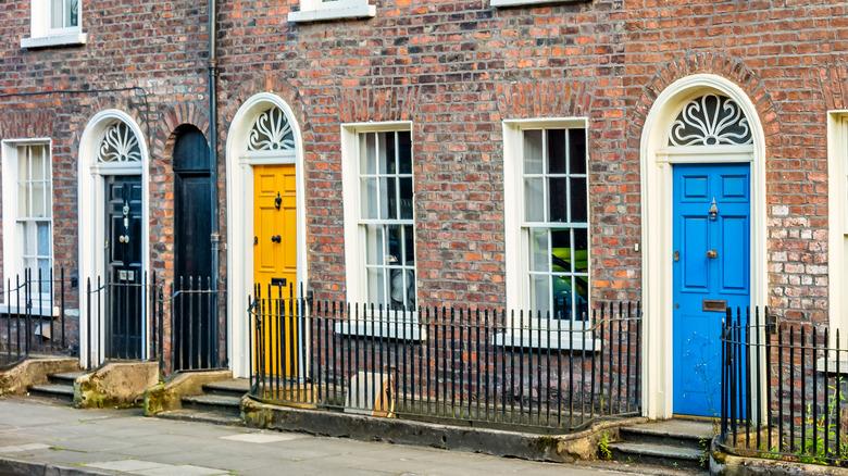 Historic brick townhouses with different colored front doors.