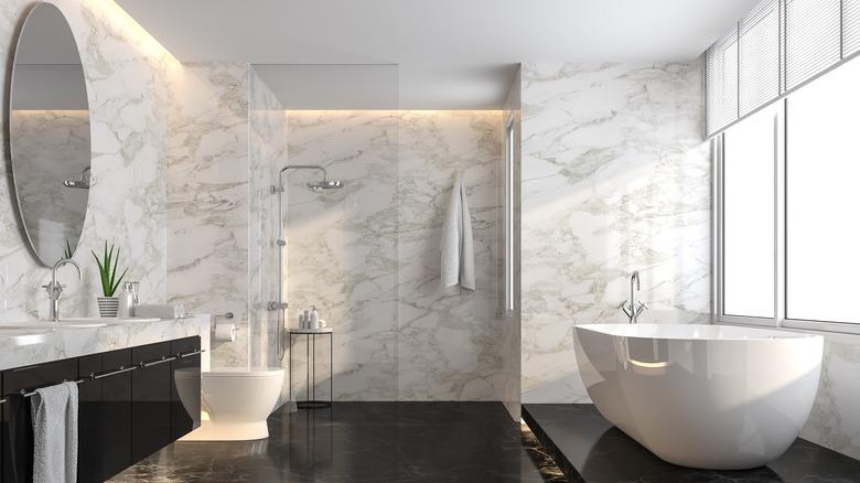 marble walls in large bathroom