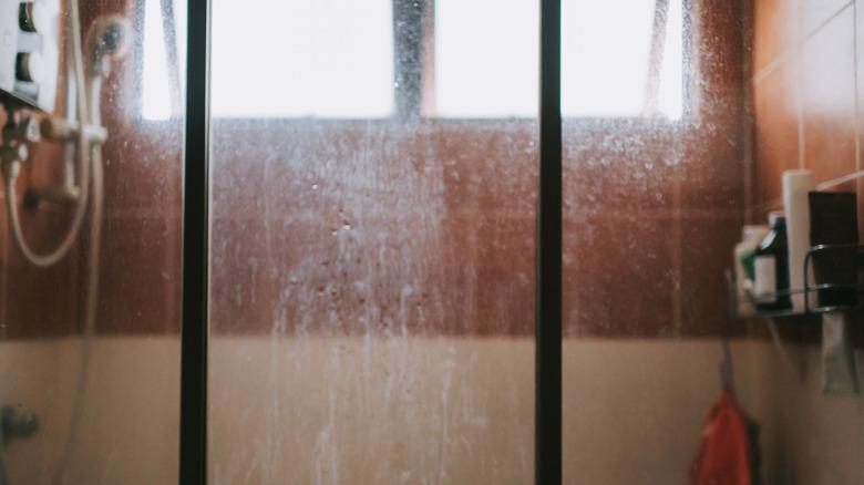 glass shower door with limescale and shower head and other supplies in the background