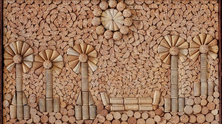 A cork art piece that depicts flowers and the sun.
