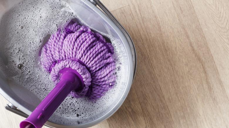 Purple mop and large bucket of water