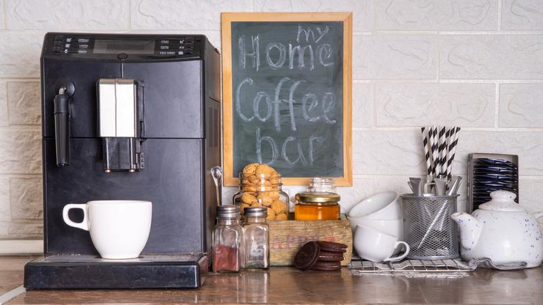 Home coffee station with sign