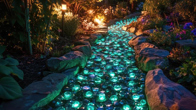 Glowing path made from bottoms of glass bottles
