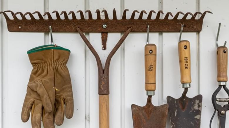 Garden tool holder made from old bow rake head
