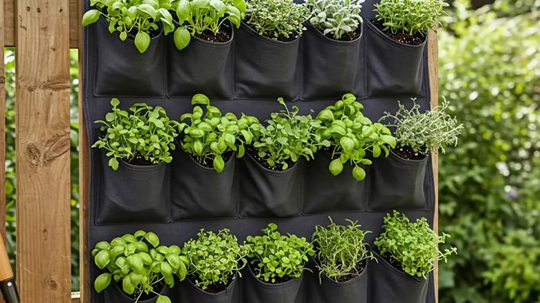 Over-door shoe organizer converted to hanging garden planter