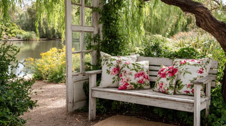 An old door gives structure to a garden seating area with bench and floral pillows