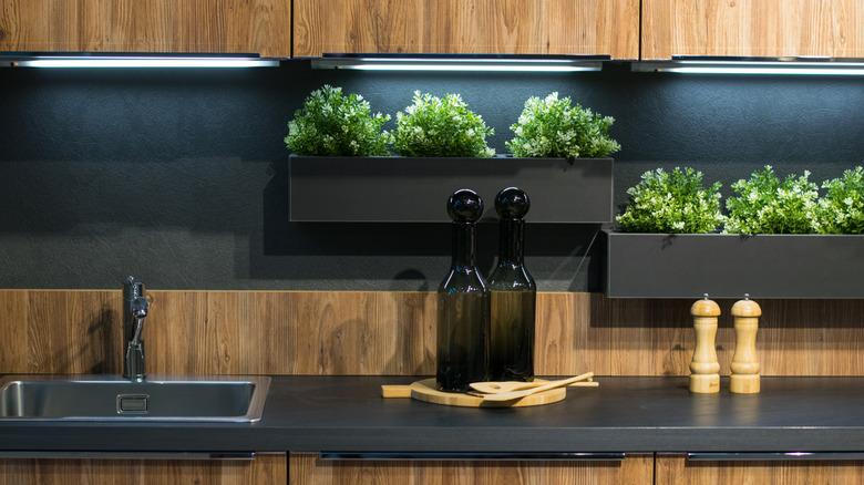 Gray kitchen walls with oak cabinets