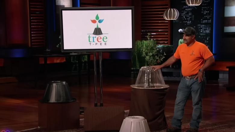 The owner of Tree T-Pee on NBC's Shark Tank making a business presentation.
