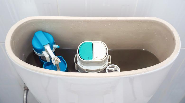 looking inside an open toilet tank