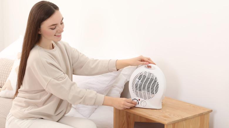 Small space heater on bedside table