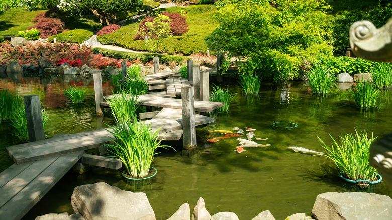 Delightfully rustic bridge/pathway over a Japanese garden koi pond